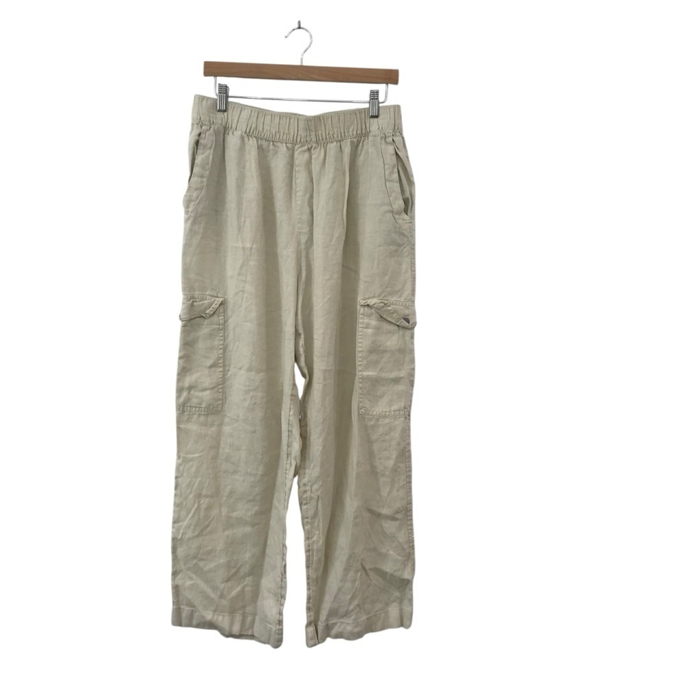C&C California 100% Linen Pants Large Cargo Beach Wide Leg Cream Elastic Waist